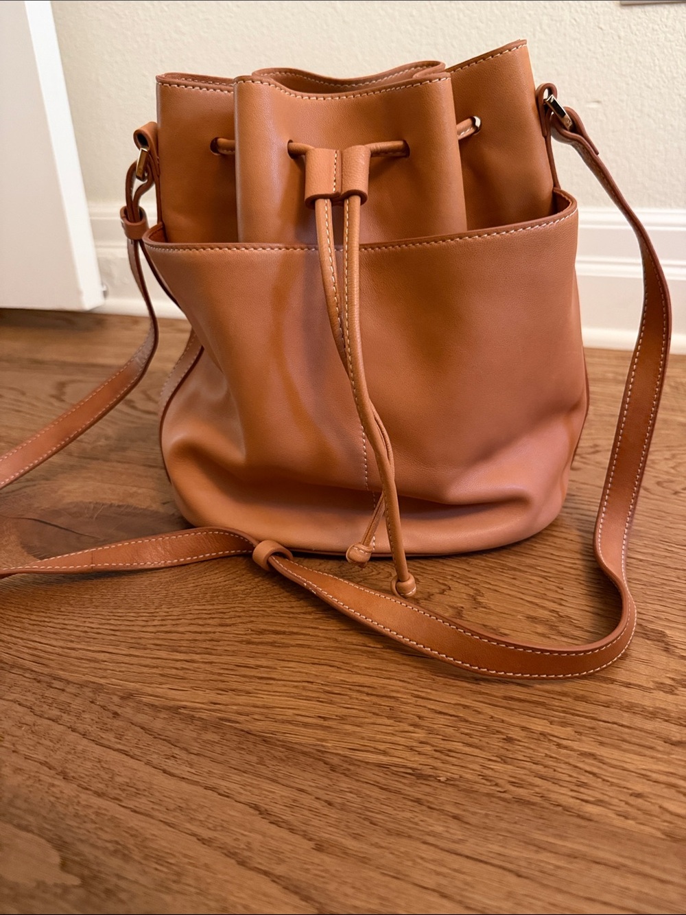 J McLaughlin Drawstring Bucket Bag in Tan